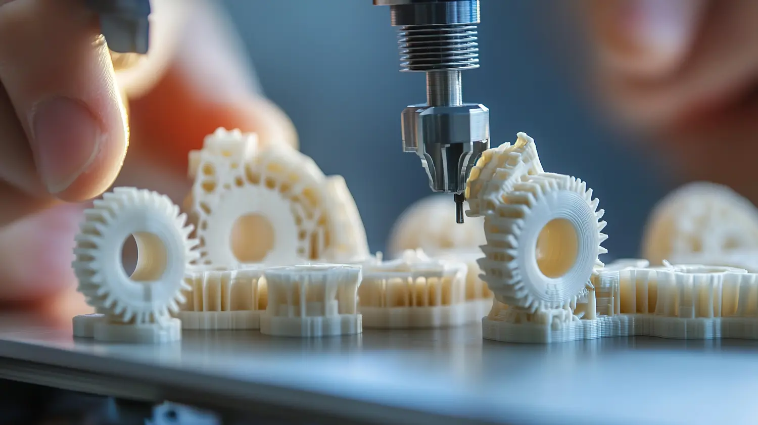 Ein 3D-gedrucktes Modell eines mechanischen Teils, das zusammengebaut wird und die praktischen Anwendungen des 3D-Drucks in der Fertigung zeigt